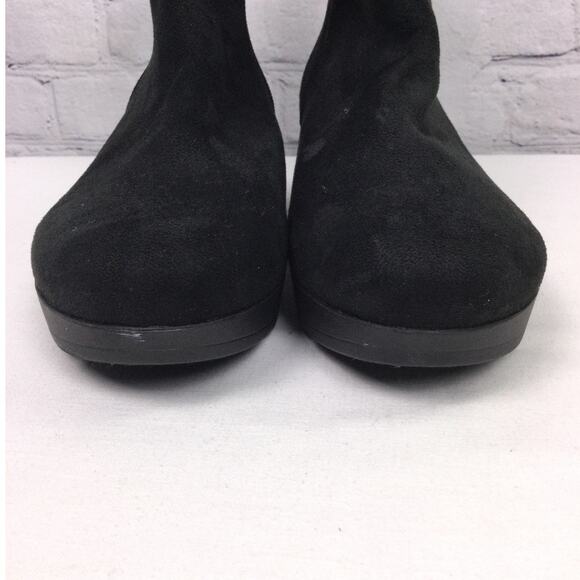 DKNY Faux Fur Trim Textile Upper Almond Toe Side Zip Black Wedge Ankle Bootie 11 - Picture 4 of 13